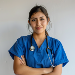 Enfermera escolar en Querétaro vestida con uniforme médico beige y estetoscopio, representando la atención médica escolar proporcionada por Salud Escolar de México.