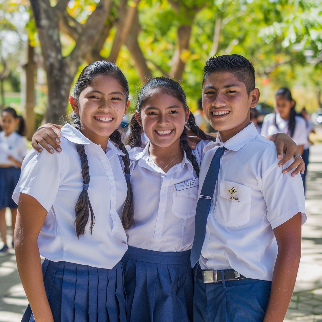 Tres estudiantes sonrientes, dos niñas y un niño, juntos al aire libre en un entorno escolar, usando uniformes escolares con camisas blancas y faldas azules para las niñas y camisa blanca con pantalones azules para el niño, mostrando camaradería y felicidad, para Servicios Médicos Escolares de México.