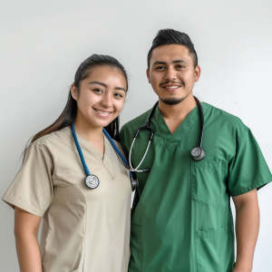 Dos enfermeros de la salud en Querétaro, un hombre con uniforme azul y una mujer con uniforme verde, ambos con estetoscopios, representando el personal médico altamente capacitado de Salud Escolar de México.