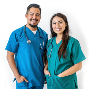 Dos profesionales de la salud, un hombre y una mujer, de pie juntos y sonriendo con confianza, el hombre lleva un uniforme de quirófano verde con un estetoscopio alrededor del cuello, y la mujer lleva un uniforme de quirófano azul, también con un estetoscopio, en un fondo claro, para Servicios Médicos Escolares de México.