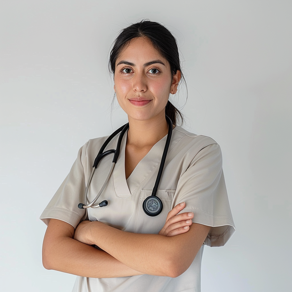 Personal médico de Salud Escolar de México, joven profesional de la salud con cabello oscuro recogido, usando un uniforme médico claro y un estetoscopio, de pie con los brazos cruzados sobre un fondo blanco.