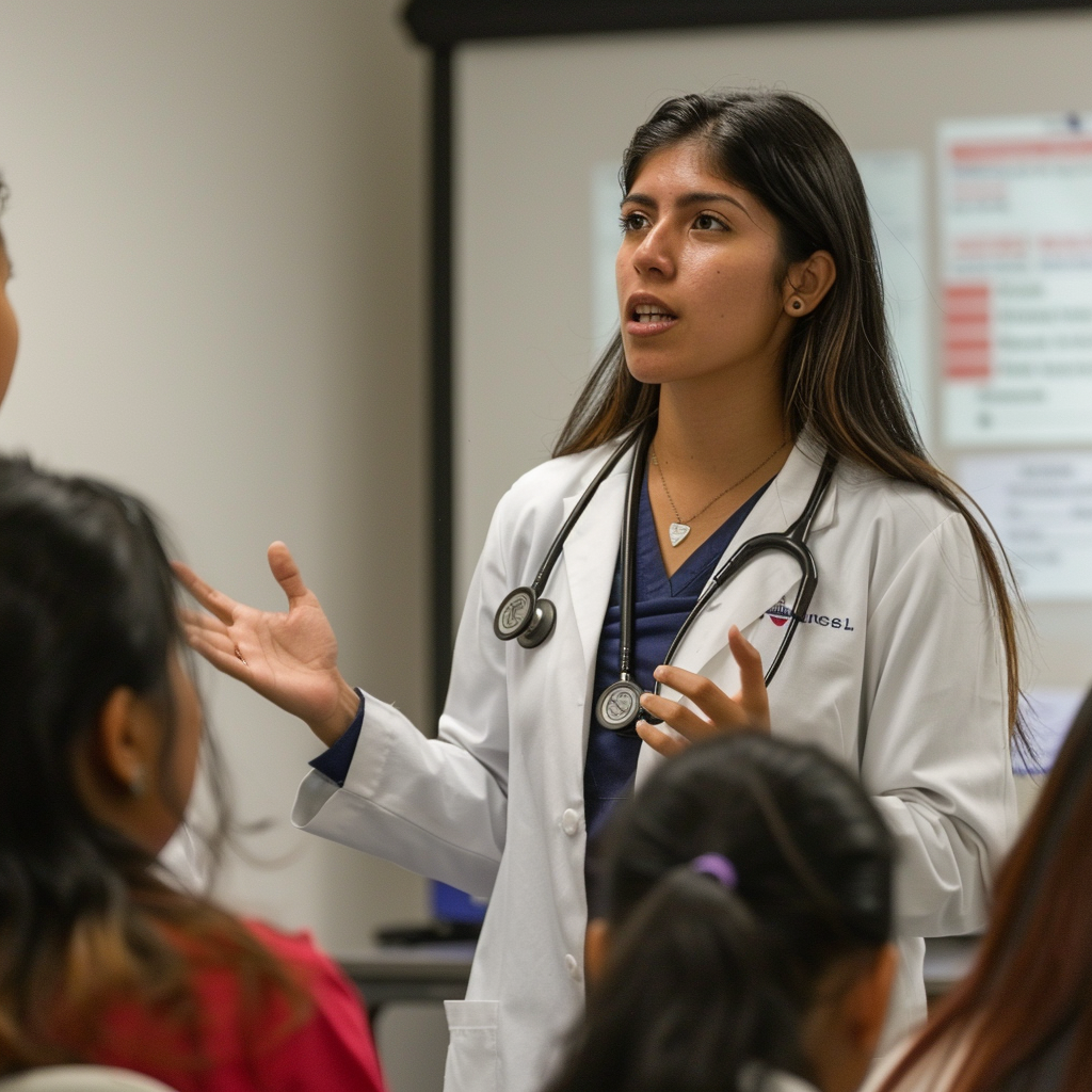 Profesional de salud femenina dando una lectura a jóvenes estudiantes, usando una bata blanca y estetoscopio, hablando con confianza y usando gestos con las manos en un aula, para Salud Escolar de México.