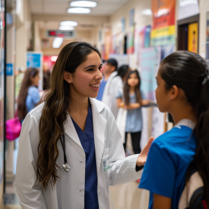 Enfermera escolar en Querétaro conversando con una estudiante durante la Semana de la Salud, destacando la atención médica y la participación escolar proporcionada por Salud Escolar de México.