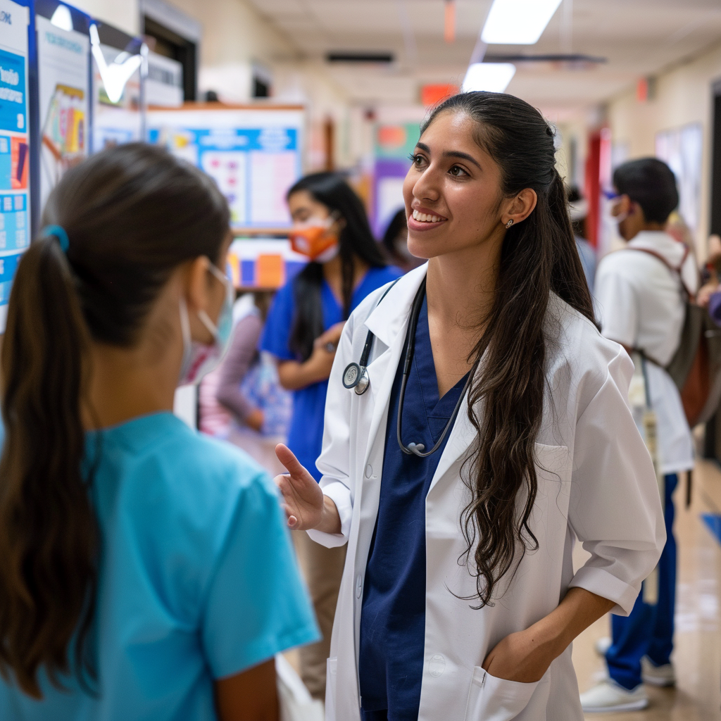 Profesional de salud femenina interactuando con estudiantes durante una semana de salud, usando una bata blanca y estetoscopio, hablando con un estudiante en una feria de salud con carteles informativos y puestos en el fondo, para Servicios Médicos Escolares de México.